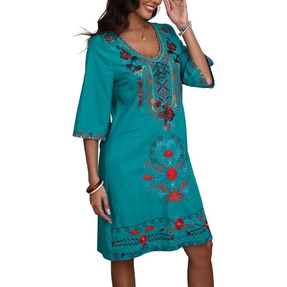 Women's Plus Size Cotton Mexican Fiesta Embroidered Dress Boho Casual - Picture 2 of 6